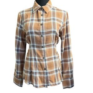 Anama Women Size S Cotton Flannel Long Sleeve Button Up Buttercream Plaid Shirt‎